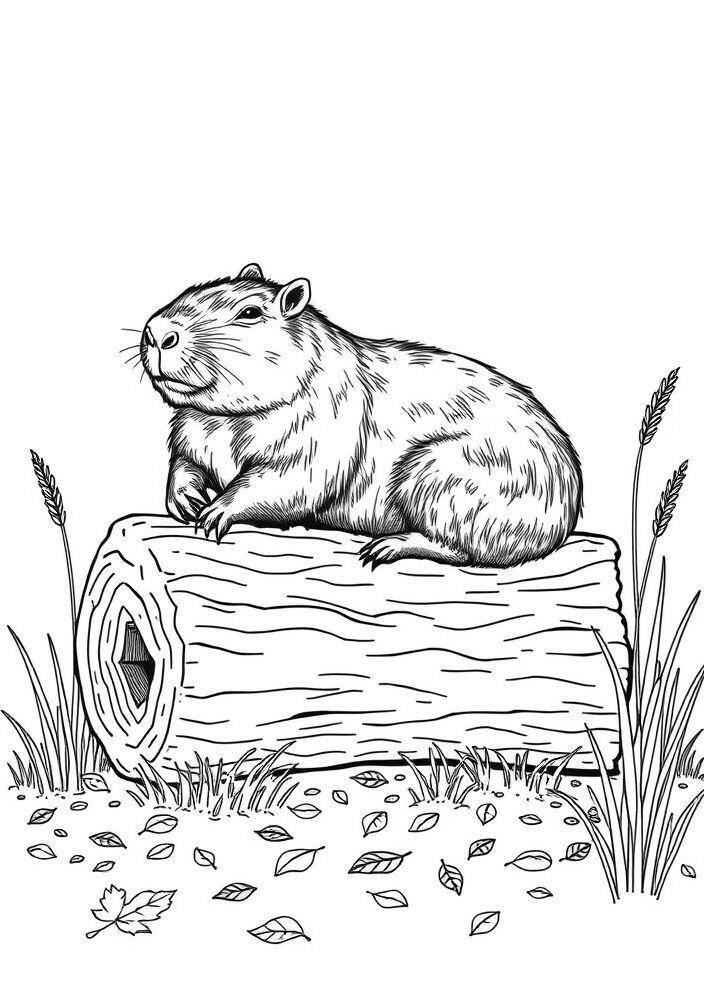 Desenho de uma capivara sentada em um tronco para colorir