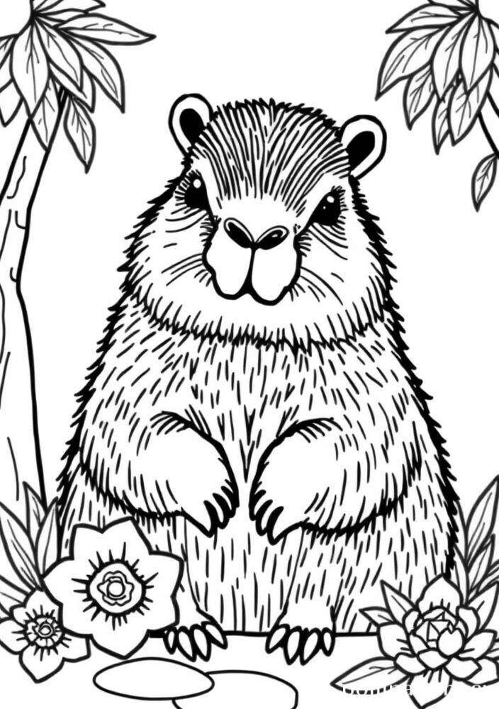 Imagem de uma capivara cercada por flores para colorir