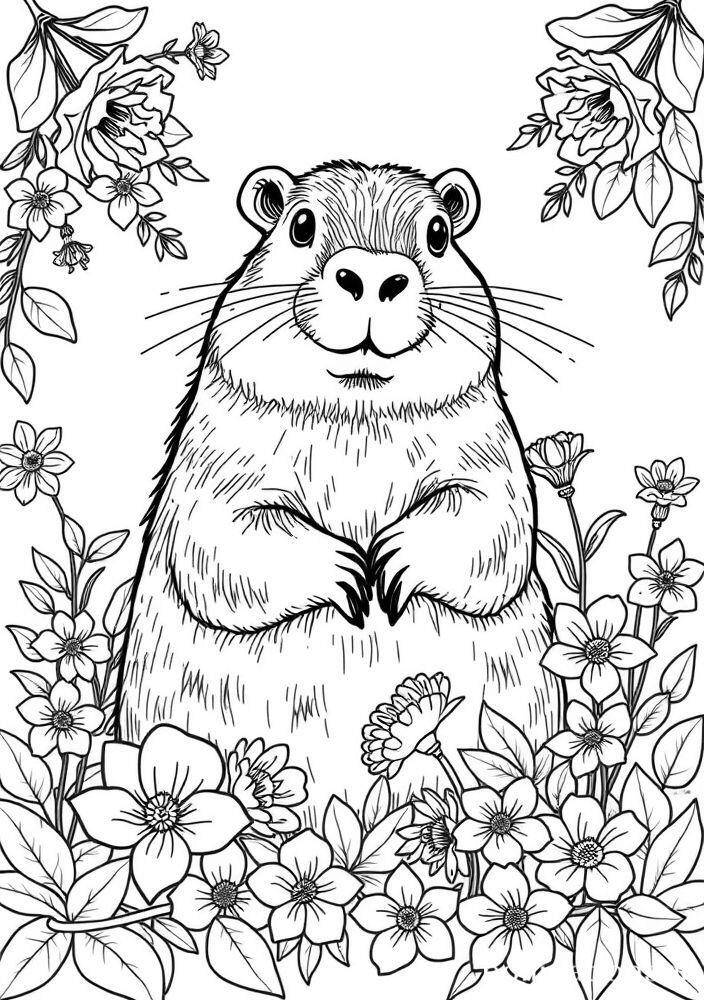Desenho de uma capivara cercada por flores para colorir