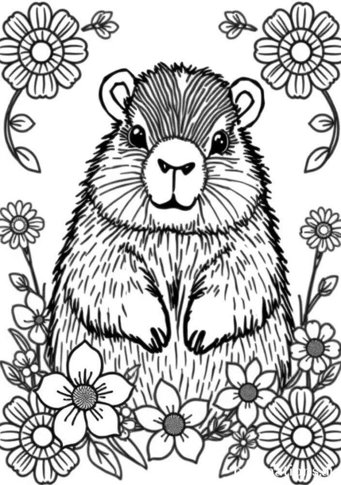 Imagem de uma capivara cercada por flores para colorir.