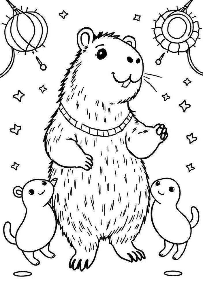 Imagem de uma capivara festiva com dois filhotes e lanternas ao fundo para colorir.