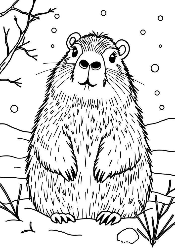 Imagem de uma capivara fofa em um cenário de inverno para colorir.