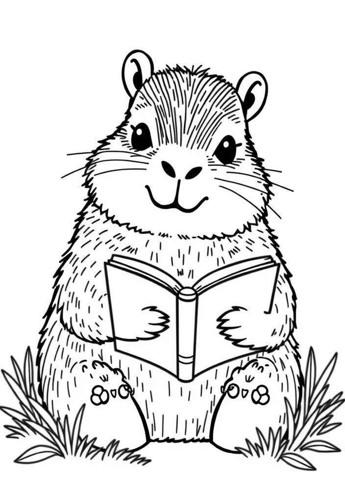 Desenho de uma capivara segurando um livro para colorir.