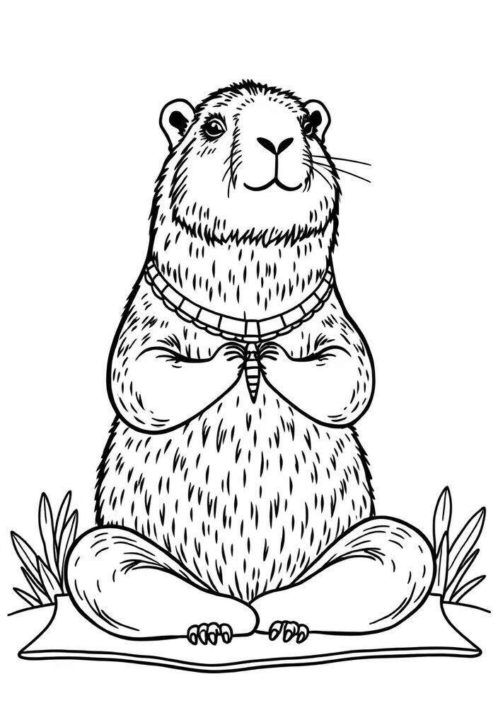 Imagem de uma capivara sentada em posição de meditação para colorir.