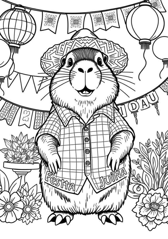 Imagem de uma capivara vestida para a Festa Junina com chapéu e bandeirinhas.