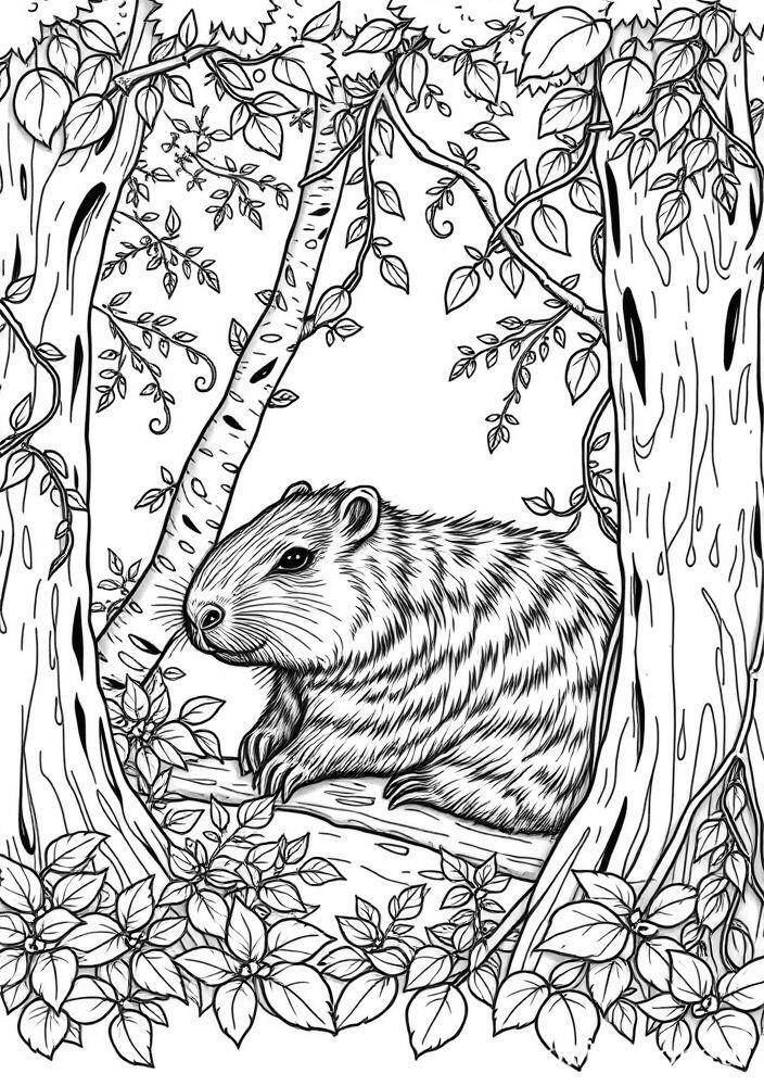 Imagem de uma capivara sentada entre árvores na floresta para colorir.