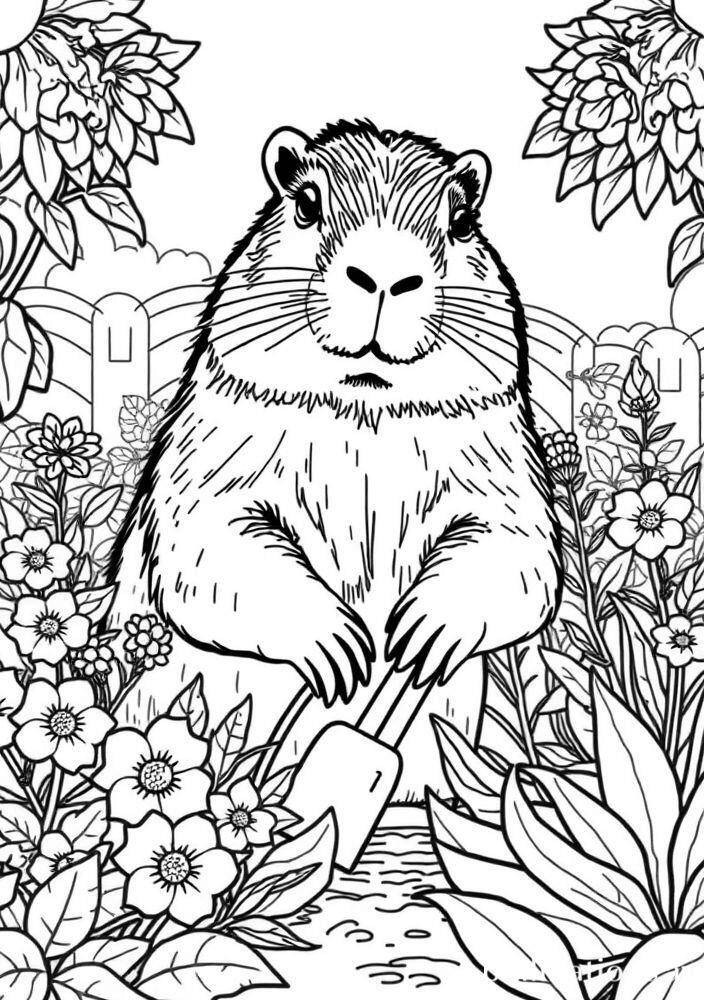 Imagem de uma capivara em um jardim cercado por flores para colorir.