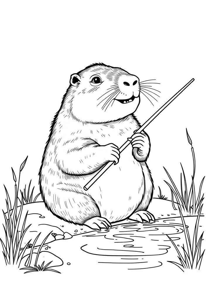 Imagem de uma capivara segurando uma vara de pesca ao lado de um lago para colorir.