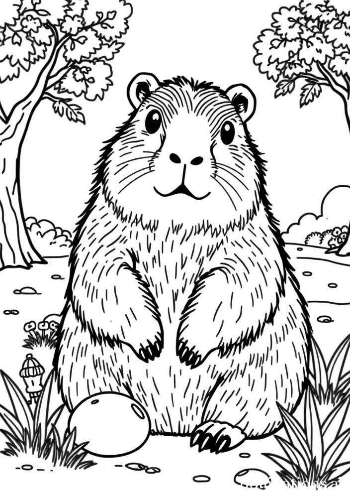 Imagem de uma capivara sentada em um jardim para colorir