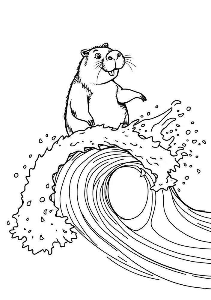 Desenho de uma capivara surfando em uma grande onda para colorir.