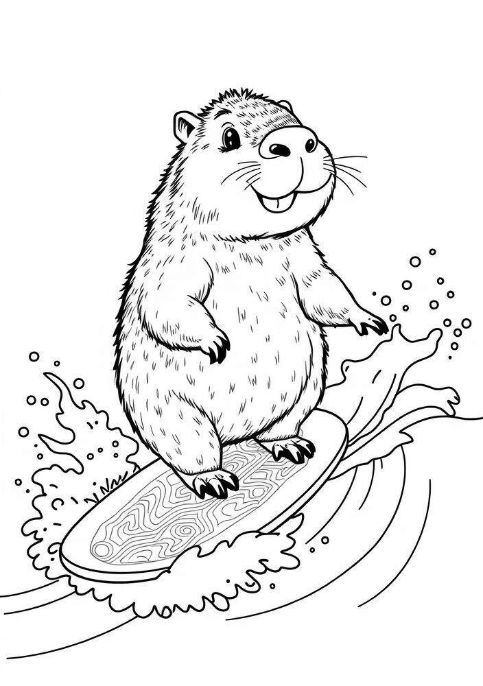 Imagem de uma capivara surfando em uma prancha para colorir.