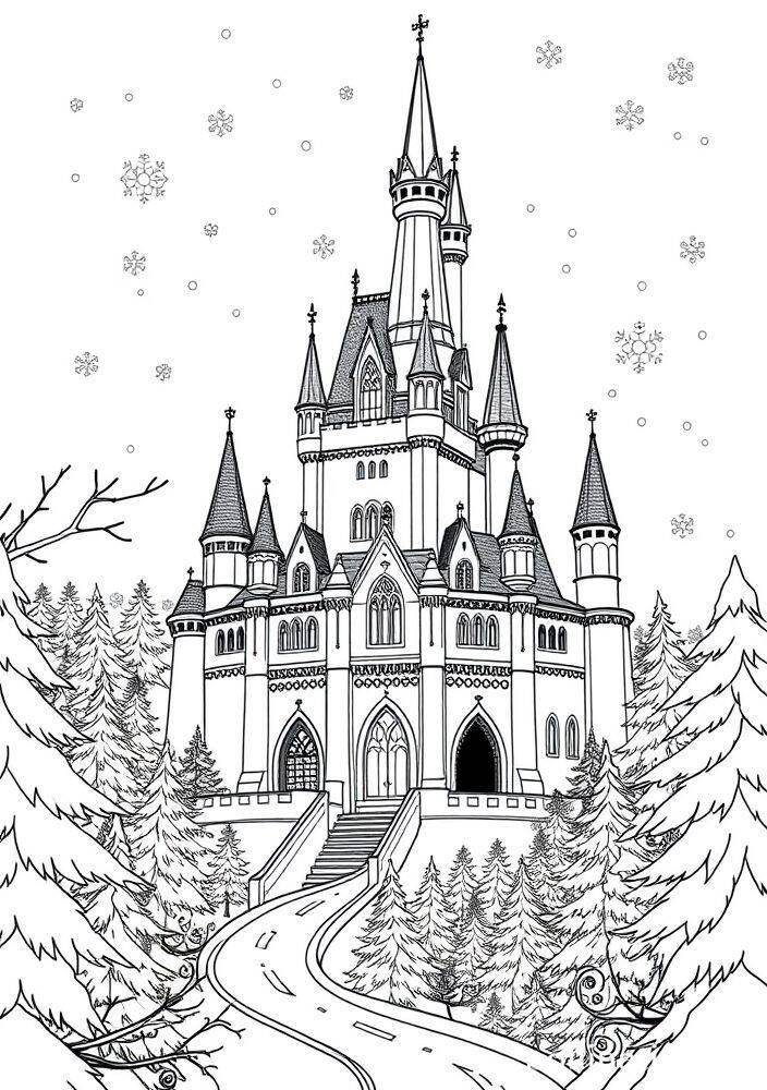 Imagem de um castelo da Frozen cercado por árvores e neve para colorir.