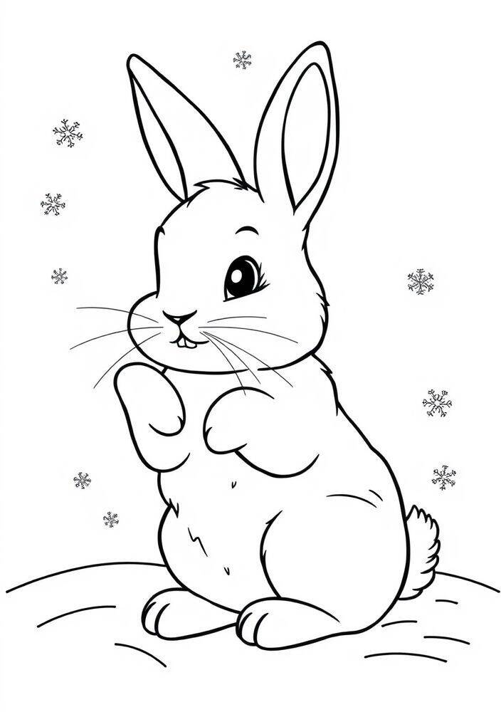 Desenho de um coelhinho da Frozen cercado por flocos de neve para colorir