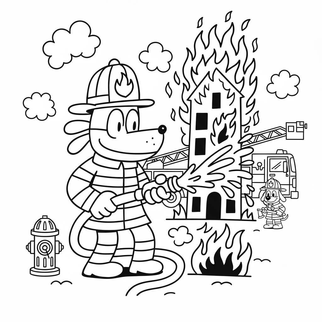 Desenho do Dog Man vestido de bombeiro apagando um incêndio