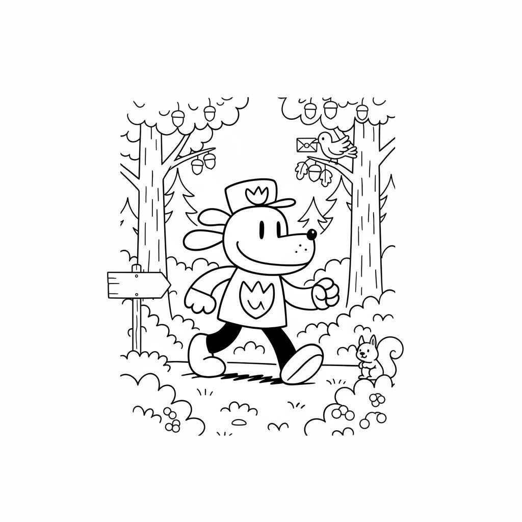Desenho de Dog Man caminhando em uma floresta com um esquilo e árvores ao fundo.