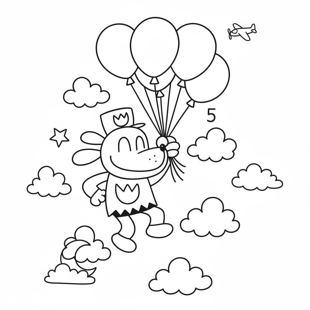 Desenho do Dog Man segurando balões em um céu cheio de nuvens