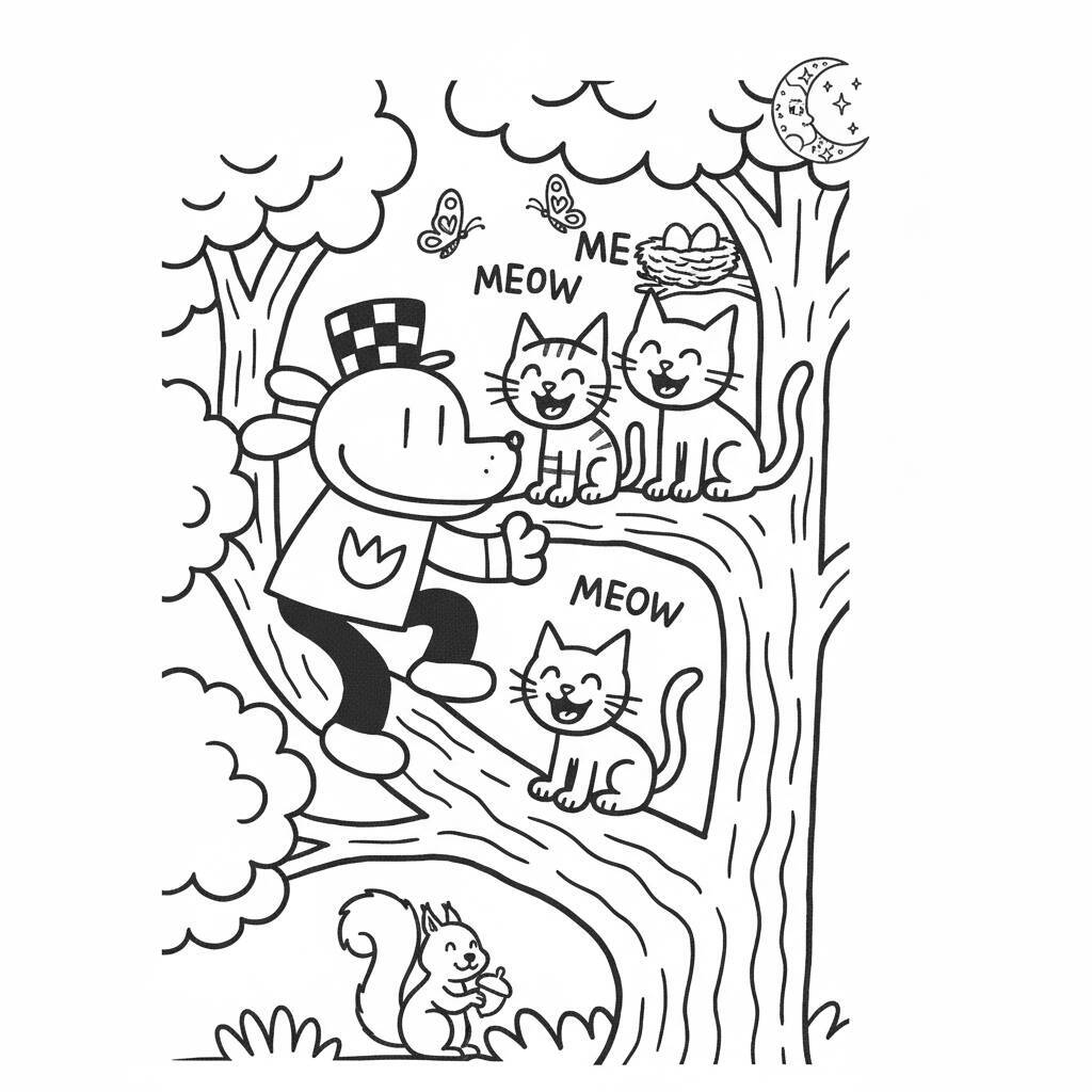 Desenho de Dog Man interagindo com gatos em uma árvore