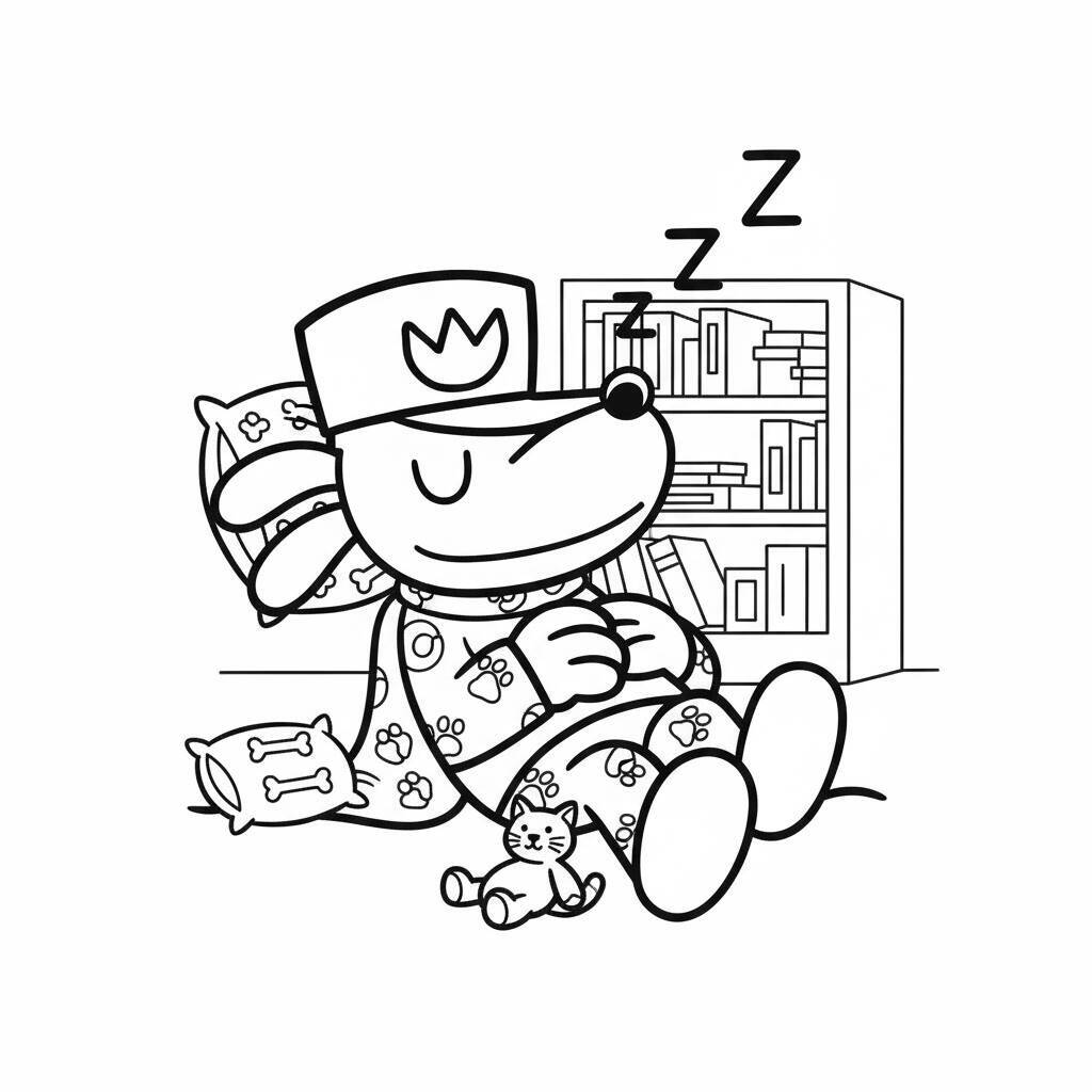 Desenho de Dog Man relaxando e dormindo com um brinquedo ao lado