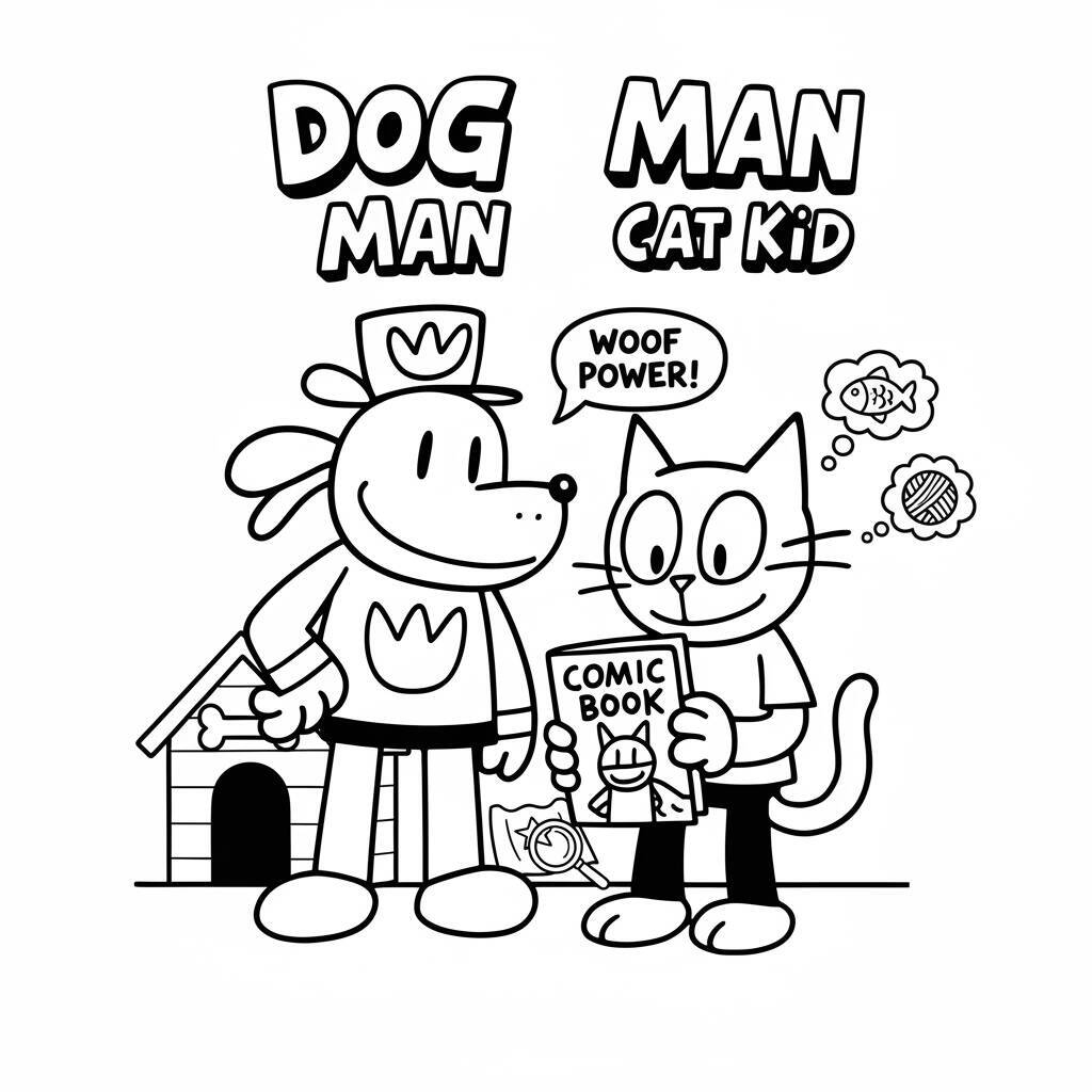 Desenho de Dog Man e Cat Kid prontos para colorir, com elementos divertidos.