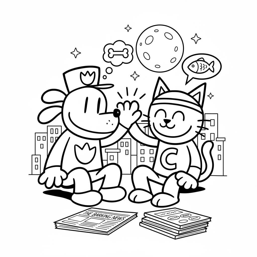 Desenho para colorir de Dog Man e Petey o Gato se cumprimentando