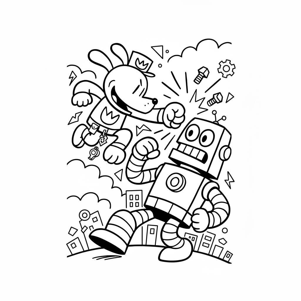 Desenho para colorir do Dog Man lutando contra um robô