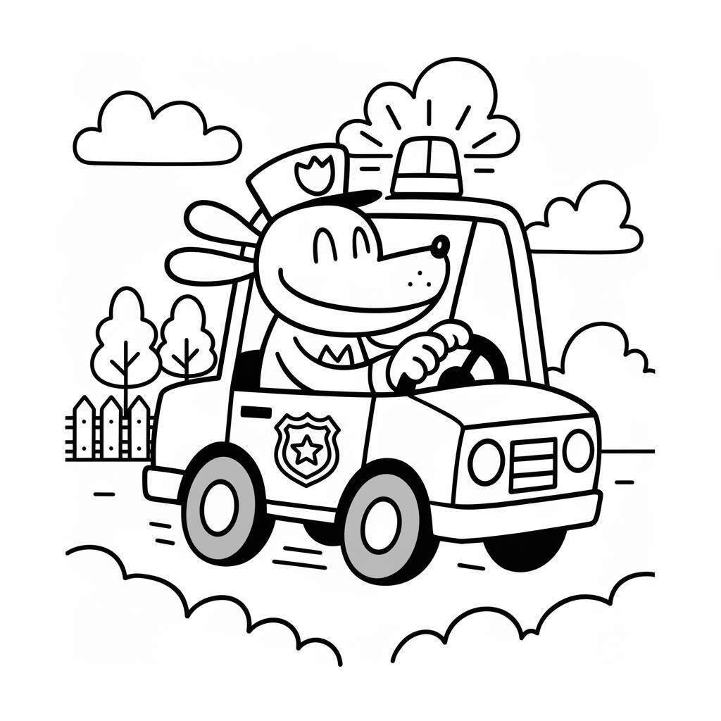 Desenho de Dog Man dirigindo um carro de polícia com sirene