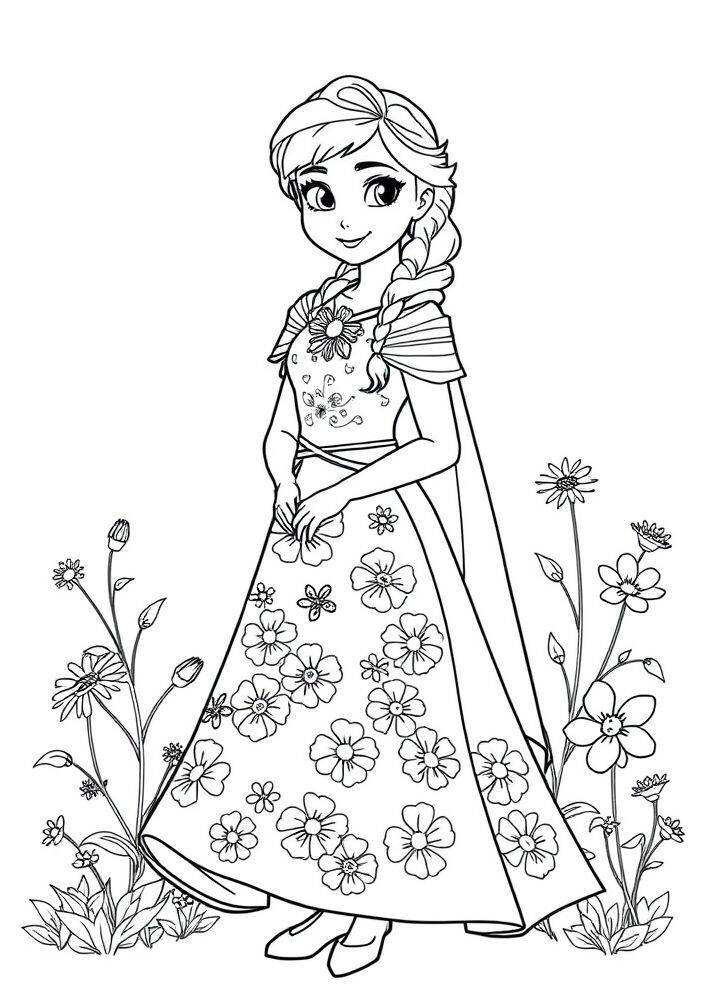 Desenho de Anna de Frozen em um jardim florido para colorir.