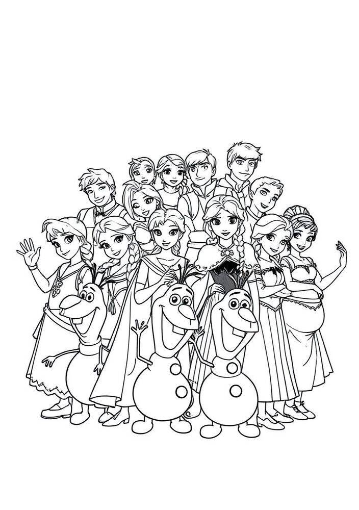 Imagem para colorir de personagens de Frozen incluindo Elsa, Anna e Olaf.