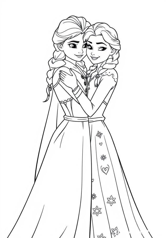 Desenho para colorir de Elsa e Anna abraçadas da Frozen