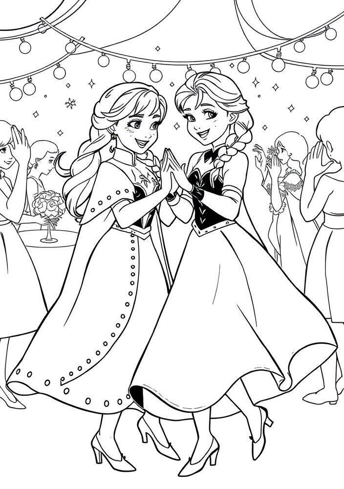 Imagem para colorir de Elsa e Anna dançando juntas em uma festa.