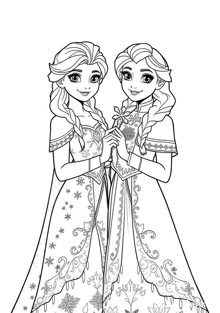 Desenho para colorir de Elsa e Anna de mãos dadas da Frozen.