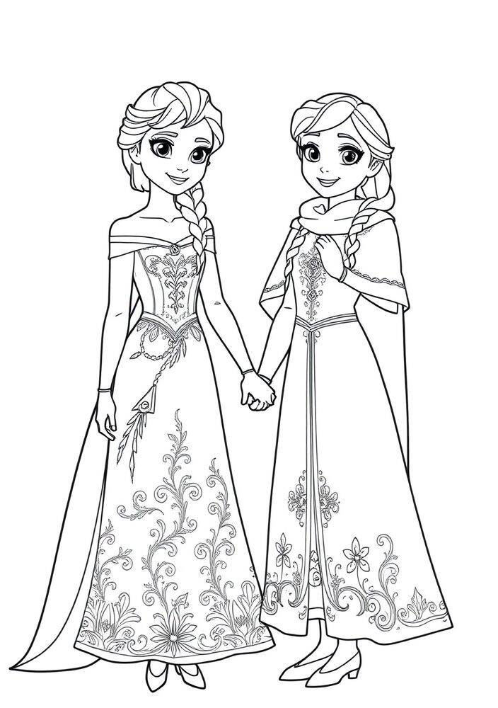 Desenho para colorir de Elsa e Anna de mãos dadas da Frozen