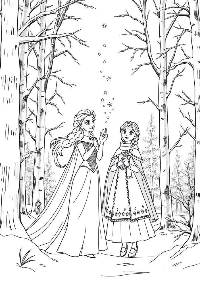 Imagem de Elsa e Anna na floresta, com Elsa fazendo magia com as mãos.