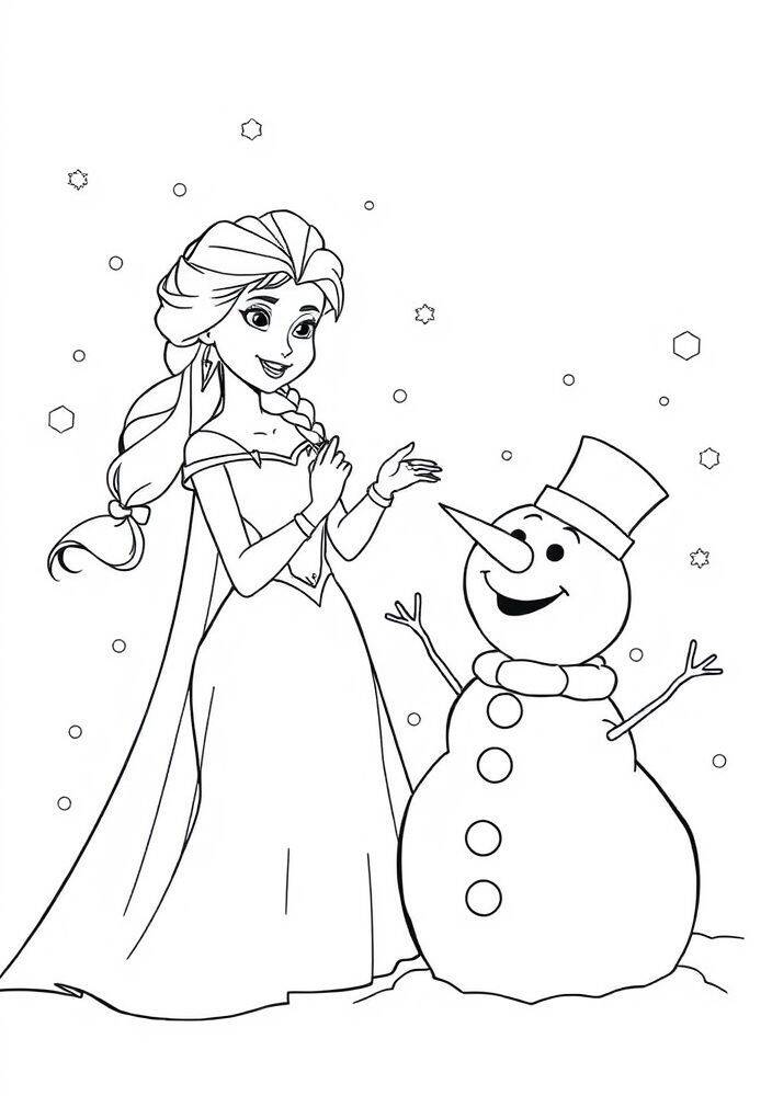Imagem para colorir de Elsa ao lado de um boneco de neve da Frozen.