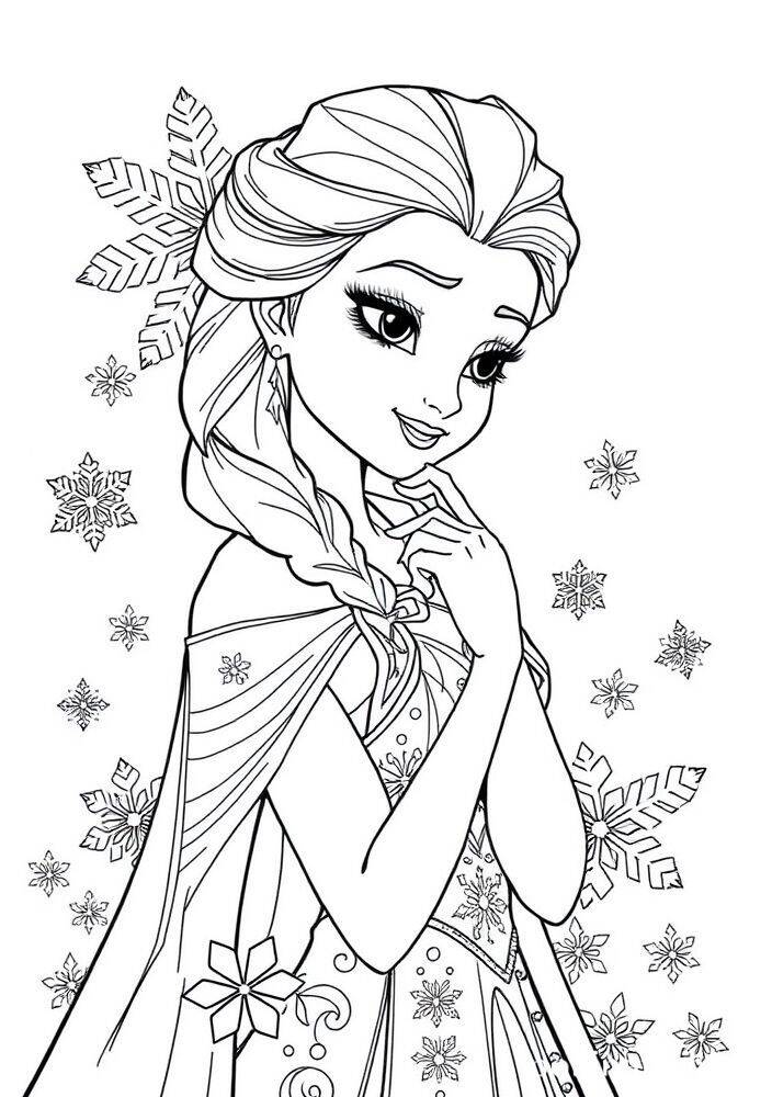 Imagem para colorir de Elsa de Frozen com flocos de neve ao redor.