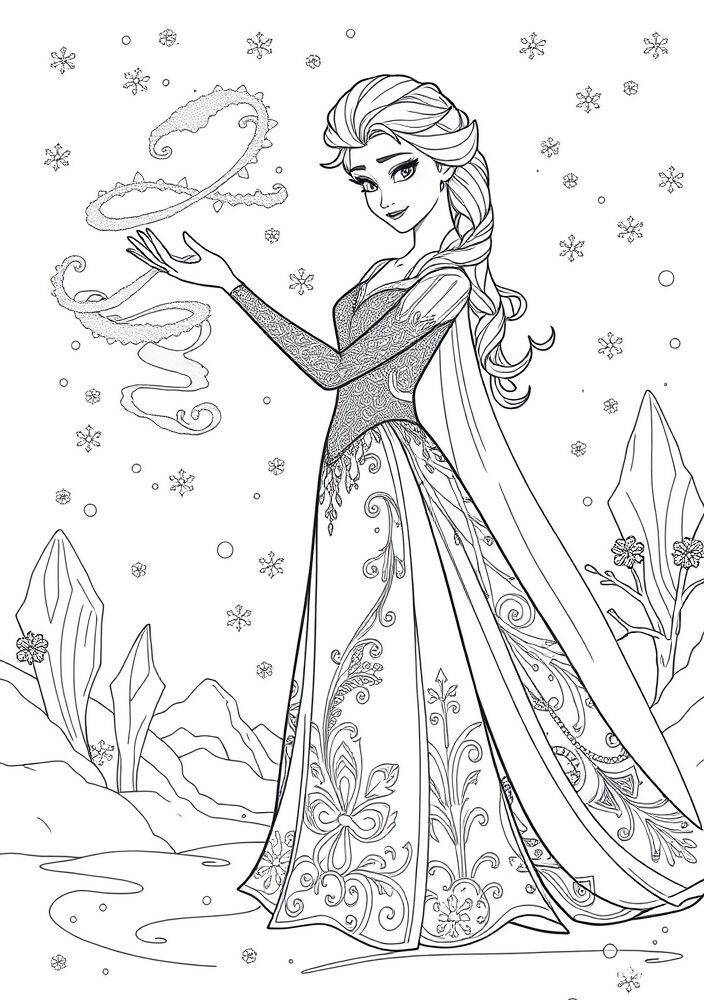 Imagem de Elsa de Frozen fazendo magia com as mãos para colorir.