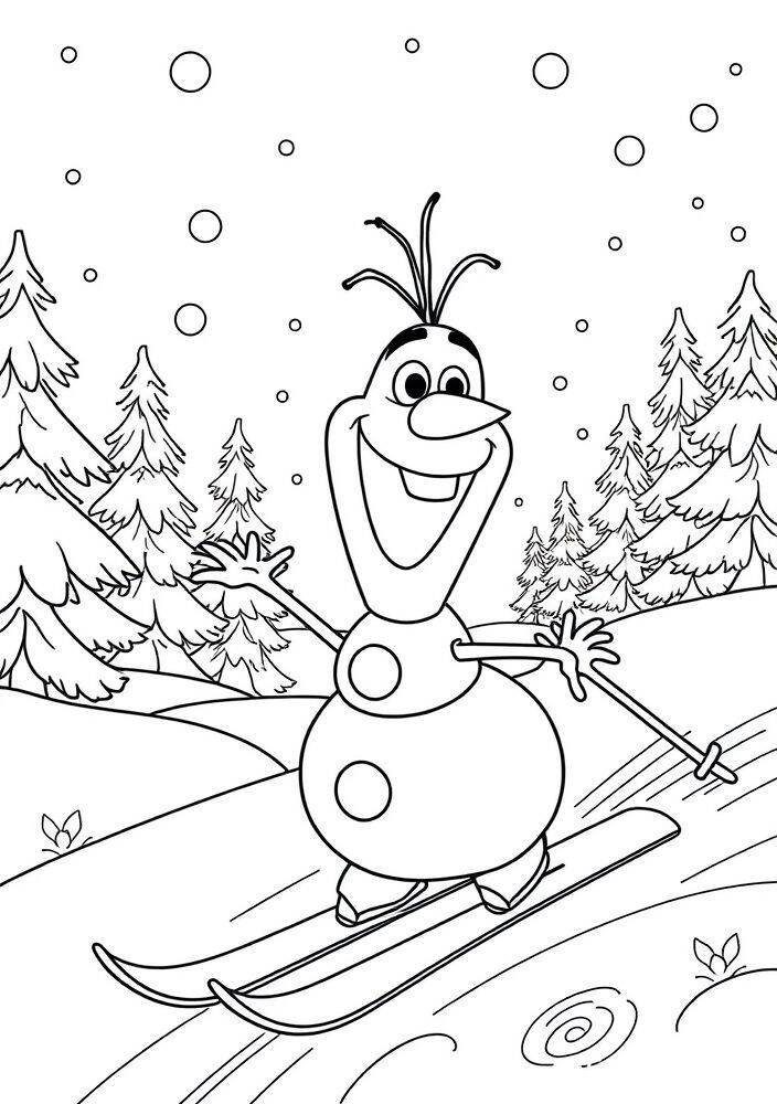 Imagem de Olaf, o boneco de neve de Frozen, esquiando em uma paisagem nevada para colorir.