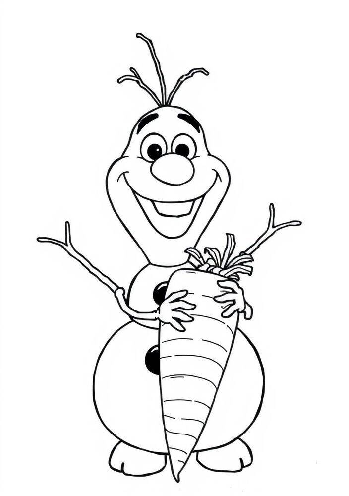 Imagem para colorir de Olaf do filme Frozen segurando uma cenoura.