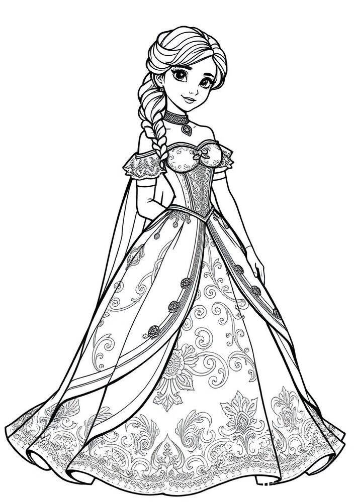 Imagem de uma princesa de Frozen em um vestido elegante para colorir