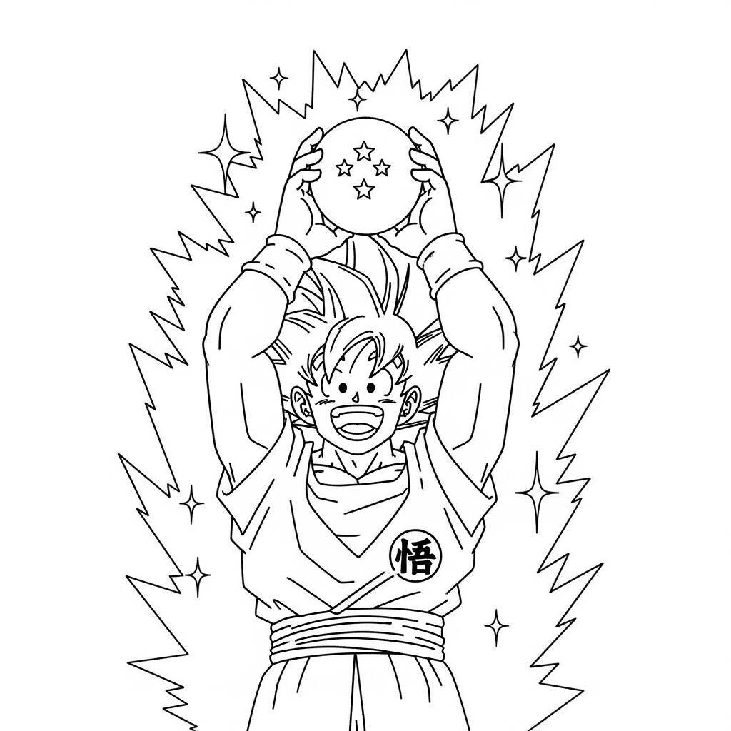 Imagem para colorir de Goku segurando uma esfera do dragão.