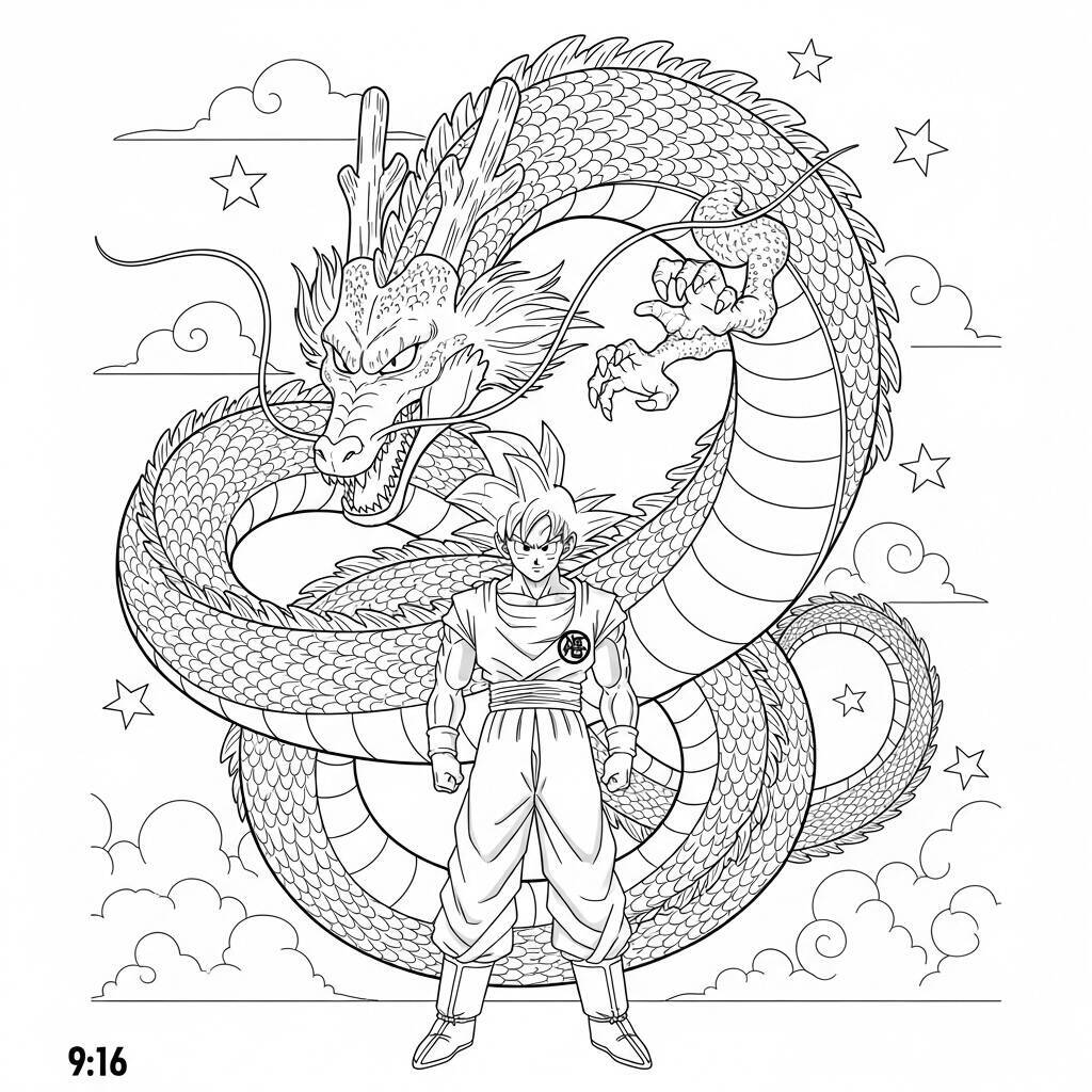 Imagem de Goku em pé na frente de Shenlong, o dragão, para colorir.