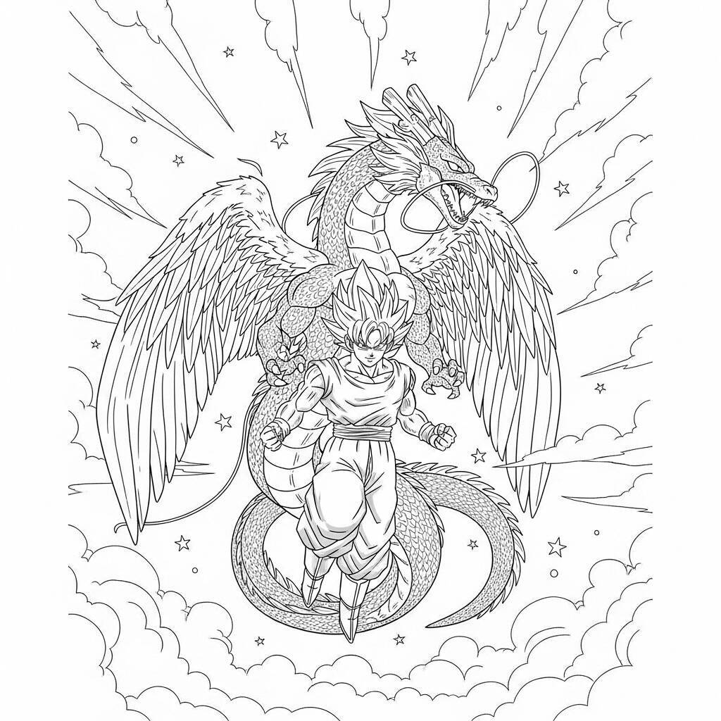 Imagem de Goku em forma Super Saiyan com Shenlong ao fundo para colorir.