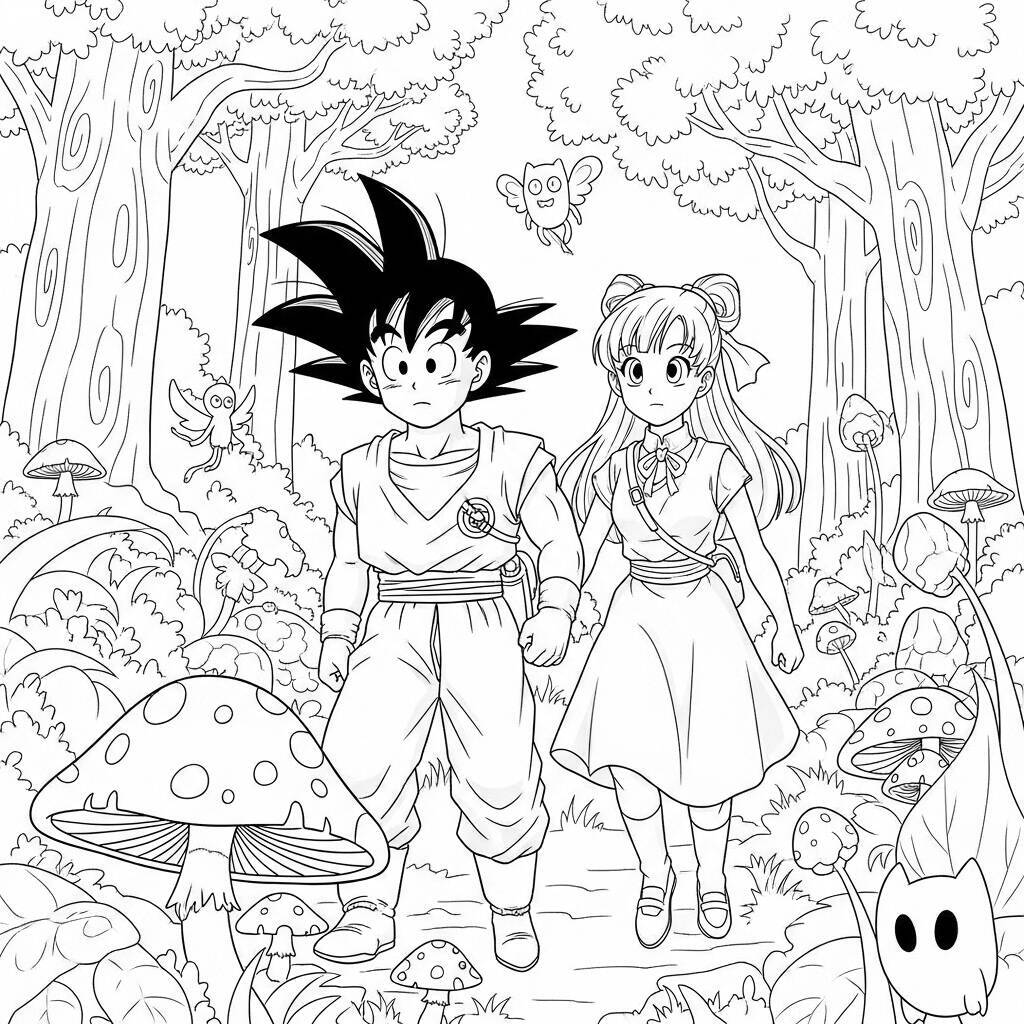 Imagem de Goku e uma amiga caminhando em uma floresta para colorir.