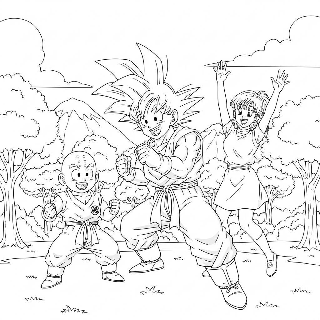 Imagem de Goku com amigos em um cenário natural para colorir