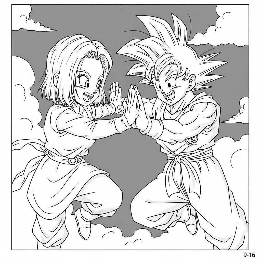 Imagem para colorir de Goku e Androide 18 realizando fusão.