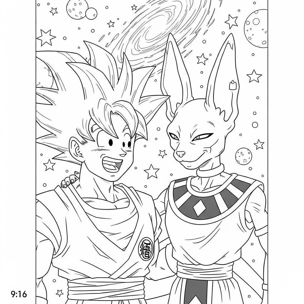 Imagem para colorir de Goku e Beerus no espaço com estrelas e galáxia ao fundo.
