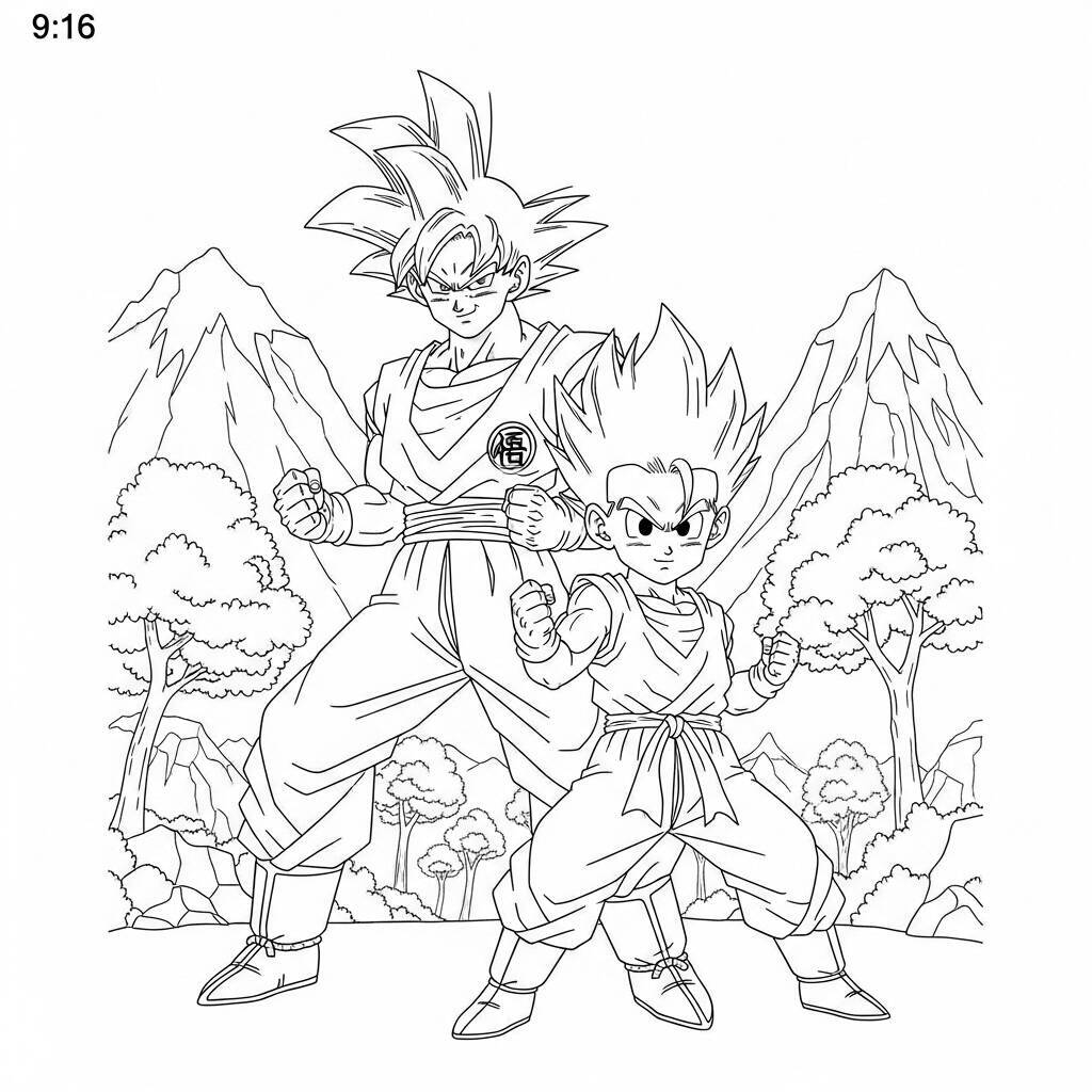 Imagem para colorir de Goku e Gohan em posição de luta com montanhas ao fundo.