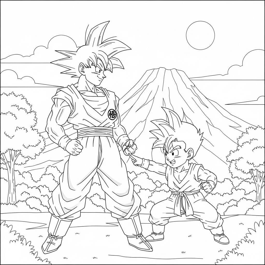 Imagem para colorir de Goku e Gohan treinando em um cenário natural.