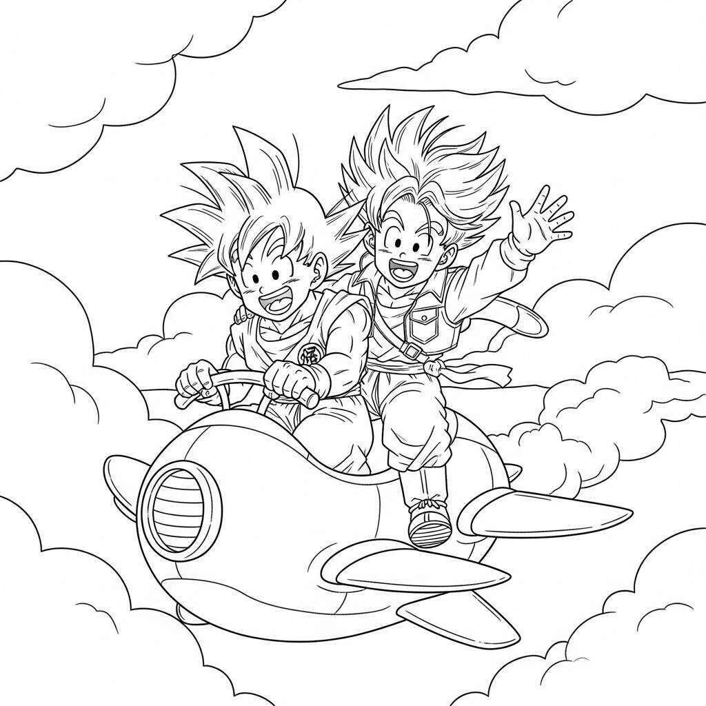 Imagem de Goku e Goten voando em uma aeronave entre nuvens para colorir.