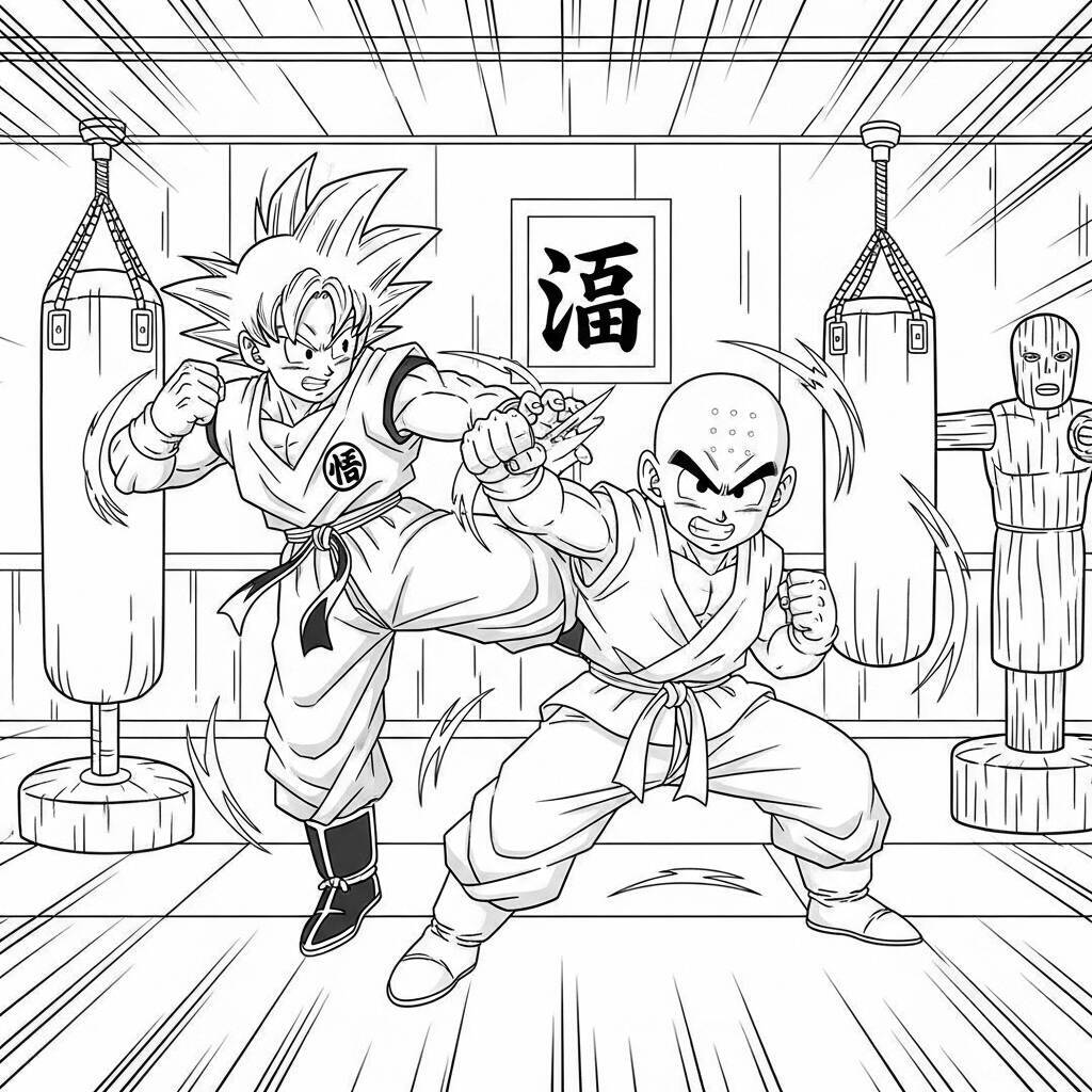 Imagem para colorir de Goku e Kuririn treinando em um dojo.